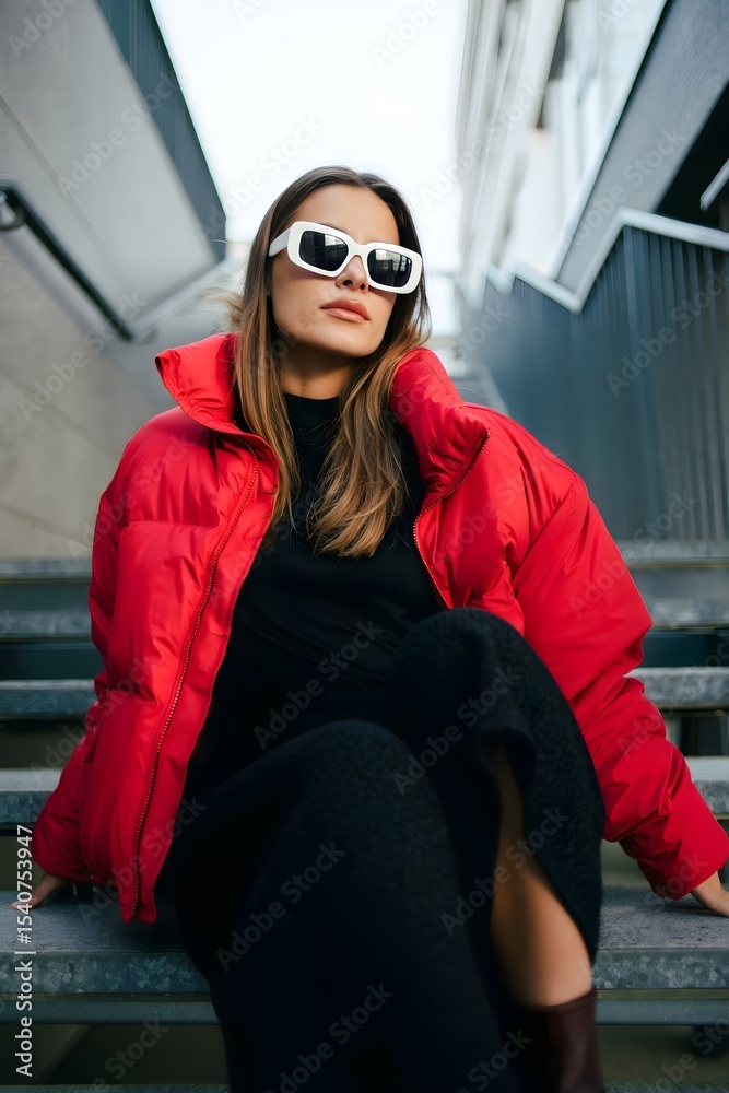 Fototapeta premium Stylish woman in red puffer jacket sitting on steps. She is wearing sunglasses and looking up