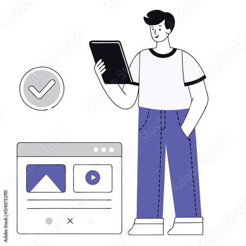 Smiling young person with tablet interacts with webpage element on a white background