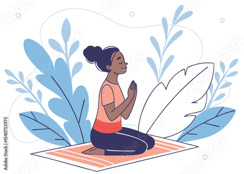 peaceful-woman-in-lotus-pose-on-a-mat--surrounded-.eps