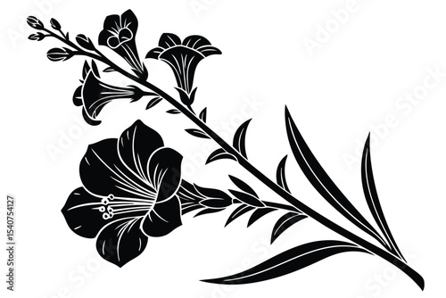 Black floral blossom branch shows detailed petal and stem arrangements creating elegant simplicity