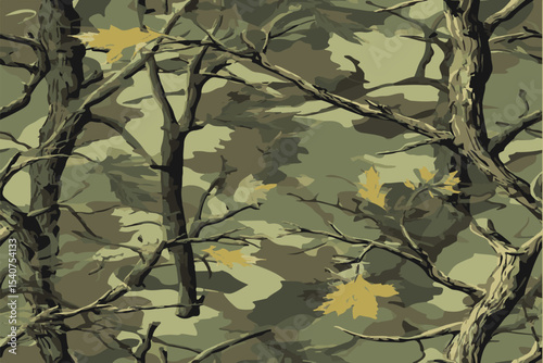 A seamless pattern of camouflage with tree branches, a camouflage design for hunting and outdoor activities. Forest real tree camouflage design. Winter hunting camouflage. Digital camo