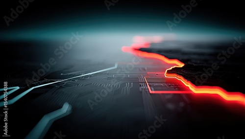 Circuit Board Lines with Red and Blue Light Effect