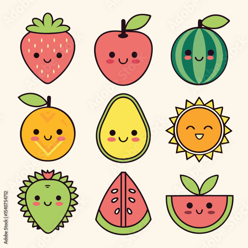 Adorable hand drawn collection of happy cartoon fruits and sunny weather elements