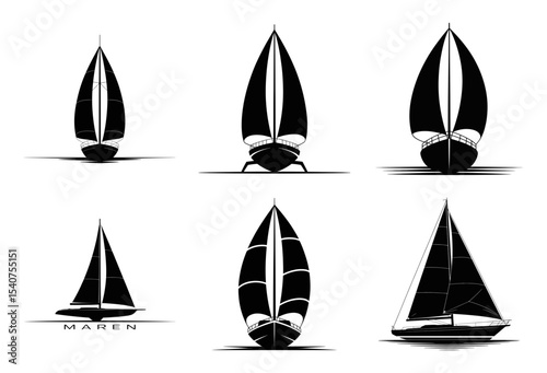 Six sailboat silhouettes isolated on white background