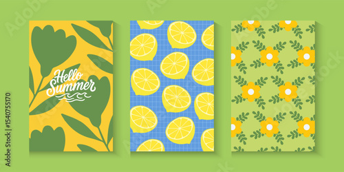 Colorful summer, spring with minimalist line borders, postage stamp Vintage hand drawn frames with. Italian summer vacation aesthetic template for poster, invitation, cards, banner with copy space.