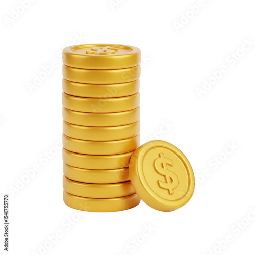 3D Style Stack of Dollar Coins on Transparent Background