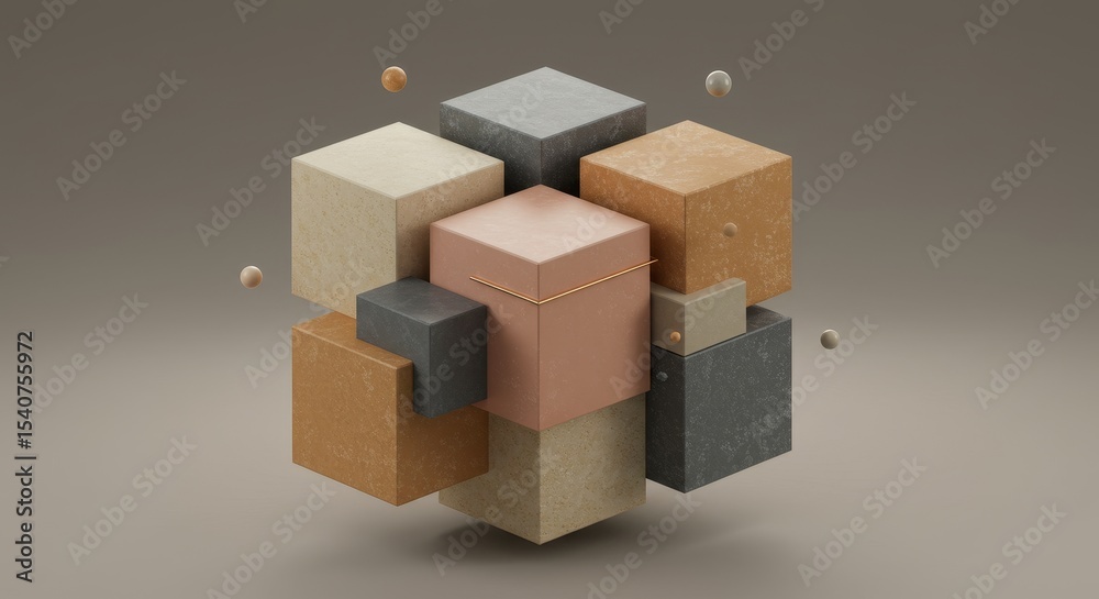 Fototapeta premium Abstract Cube Composition - A 3D of various sized cubes in neutral earth tones, arranged in a complex, interconnected structure
