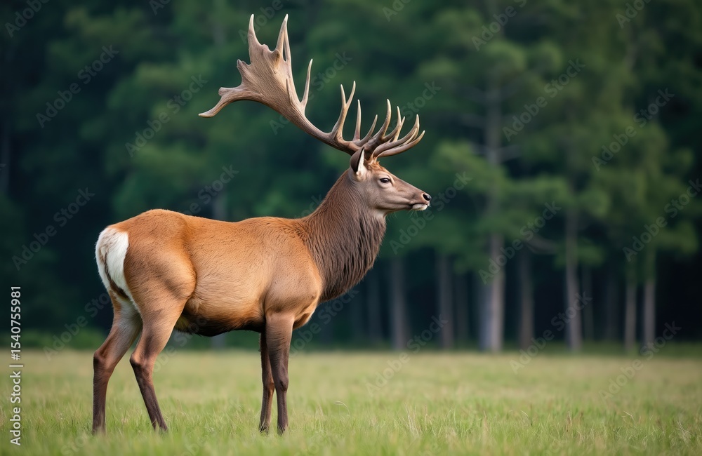 Fototapeta premium Majestic red deer stag stands proudly on meadow in Slovakia, Europe. Cervus elaphus mammal with large antlers. Wild animal wildlife scenery from side view. Male deer in natural habitat, outdoors in