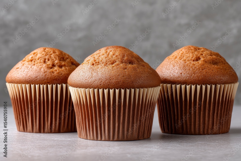 Three brown muffins in paper cups are centrally placed against a muted grey background Three brown muffins in paper cups are centrally placed against a muted grey background