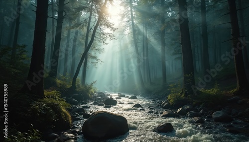 Sunlight stream flows through mystical forest. Sun rays pierce trees creating dreamy, aethereal atmosphere. Water flows through stones, wood nature scene with light, shadows. Forest offers calm,