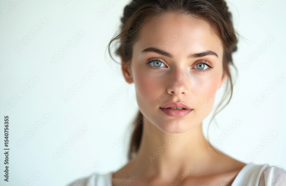 Portrait young woman with flawless skin, piercing blue eyes. AI-generated image exudes beauty grace. Soft make-up natural features, creating elegant aesthetic. Ideal for beauty, fashion, skincare Portrait young woman with flawless skin, piercing blue eyes. AI-generated image exudes beauty grace. Soft make-up natural features, creating elegant aesthetic. Ideal for beauty, fashion, skincare