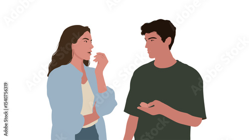 The image is a digital illustration depicting a young man and woman engaged in conversation.  Both figures are rendered in a simplified, flat style with minimal detail, characteristic of vector