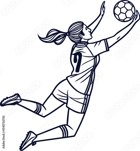 Vector illustration of a female footballer doing a header,.
