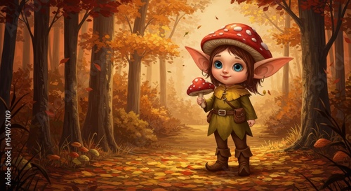Autumn Forest Fairy - Adorable fairy child in autumn forest, holding mushroom, wearing green outfit. Magical, whimsical illustration