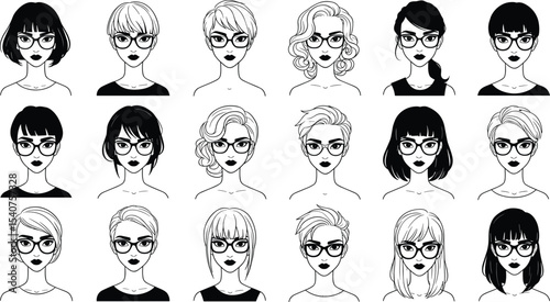 PrintDiverse Collection of Stylish Women with Glasses: Various Hairstyles and Face Shapes Depicted in Trendy Eyewear, Ideal for Optician, Fashion, and Beauty Themes