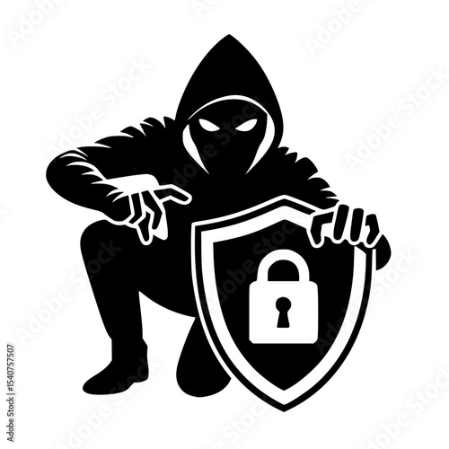 Minimalist Hacker Breaching Security Shield Silhouette – Black SVG Clipart