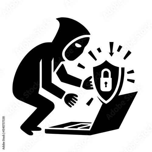 Minimalist Hacker Breaching Security Shield Silhouette – Black SVG Clipart