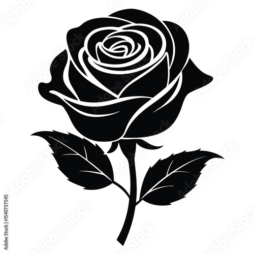 Beautiful black rose silhouette showcases detailed petals and elegant leaves on its stem