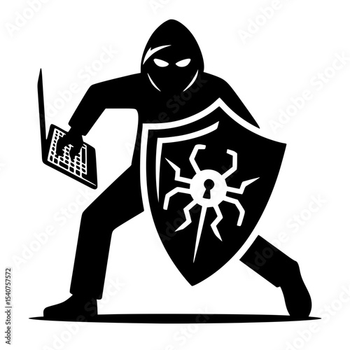 Minimalist Hacker Breaching Security Shield Silhouette – Black SVG Clipart