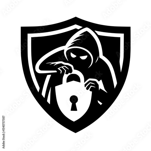 Minimalist Hacker Breaching Security Shield Silhouette – Black SVG Clipart