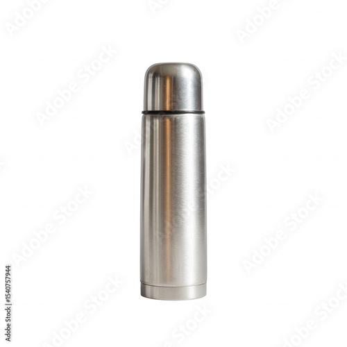 Stainless steel thermos bottle on a white background, perfect for keeping beverages hot or cold, ideal for outdoor activities, travel, or everyday use.