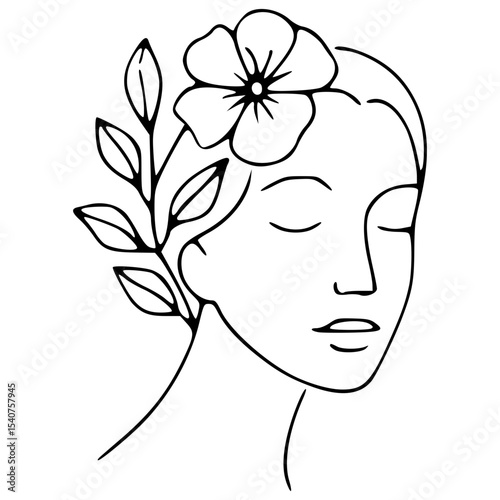 Girl with flowers and leaves one line vector drawing