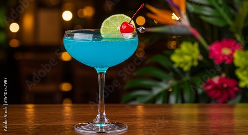 Blue Lagoon Cocktail on Wooden Bar - Refreshing blue lagoon cocktail garnished with lime and cherry, sits on a wooden bar top with a blurred tropical background