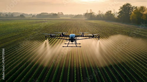 Agricultural drone spraying crops in green field with sunrise in background

