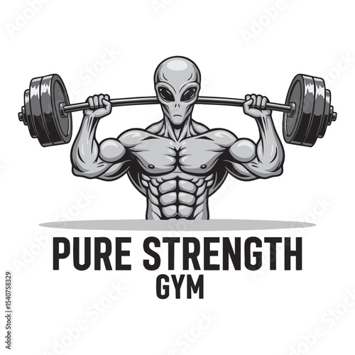 "Pure Strength Gym" Alien Bodybuilder Vector Logo - Extraterrestrial Power Fitness Mascot.