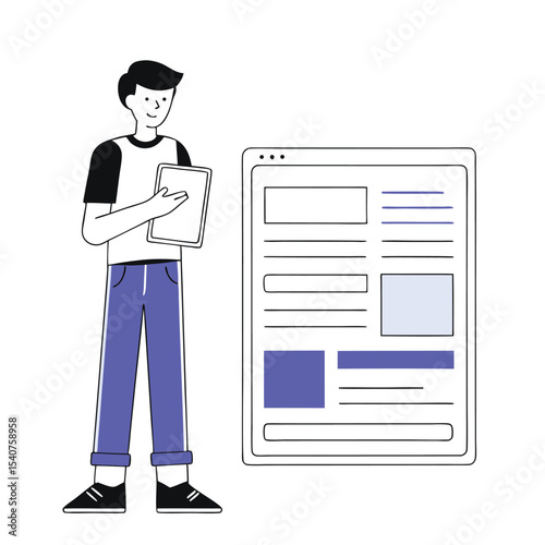 Young man holds tablet standing beside a large website mockup with blue elements