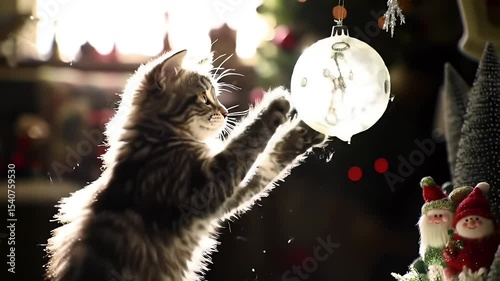 Playful kitten interacting with christmas ornament in a festive indoor setting