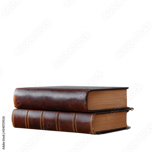 Two stacked vintage leather-bound books on a white isolated background, showcasing elegance and nostalgia, perfect for book lovers and interior decor enthusiasts.