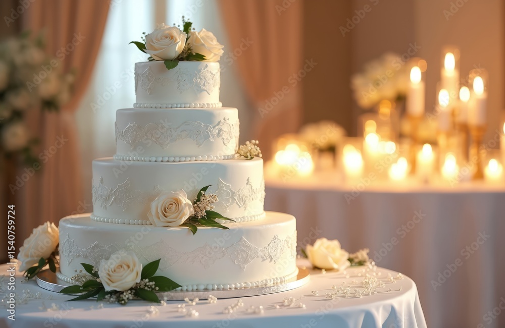 Fototapeta premium Elegant tiered wedding cake with white roses on table at celebration. Festive dessert with candlelight background, perfect for wedding, engagement, anniversary party. Romantic floral decoration at