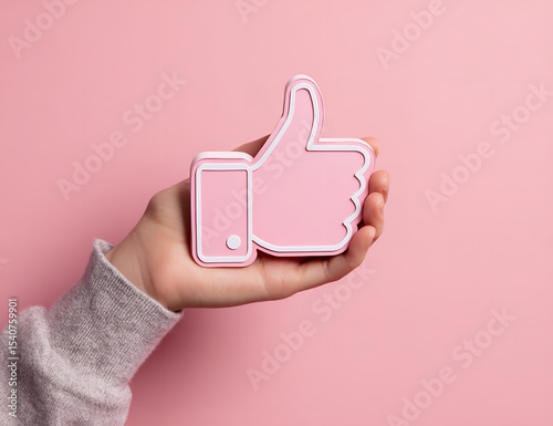 Hand holding a pink thumbs up icon an endorsement of approval against a soft pink backdrop with