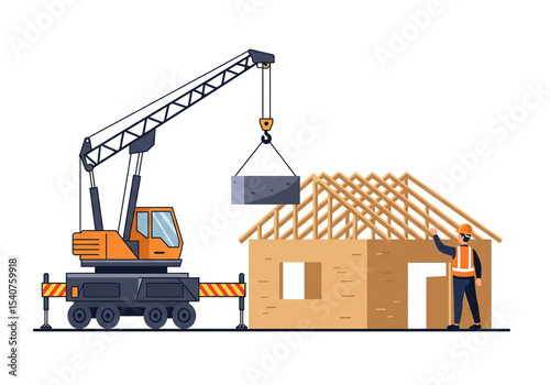 Construction worker overseeing crane lifting concrete block onto house under construction site process
