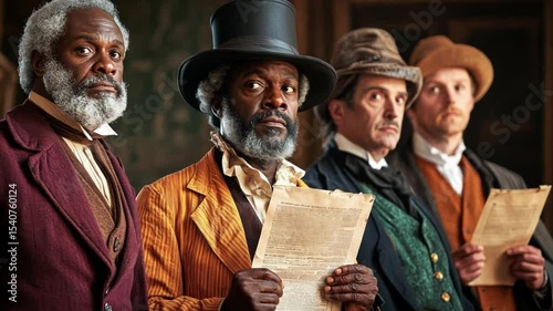 This footage highlights a moment of significance in history. It showcases the attire and expressions of four men. Perfect for documentaries and educational content. Generative AI
