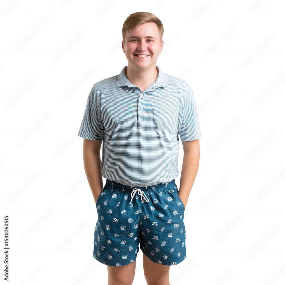 Obraz premium Young man smiling confidently, wearing a casual outfit with a polo shirt and patterned shorts, standing with hands in pockets, isolated on a white background.