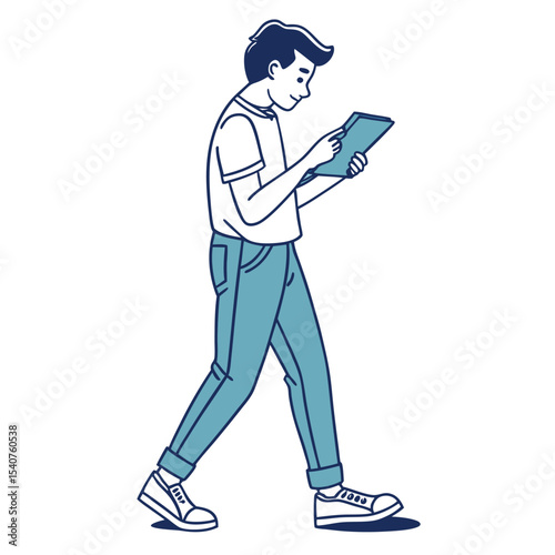 Isolated young man walks while absorbed by content he is viewing on his tablet