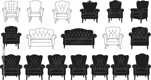 Extensive Collection of Vintage and Classic Armchair and Sofa Icons: Black and White Illustrations for Interior Design, Furniture, and Home Decor Themes
