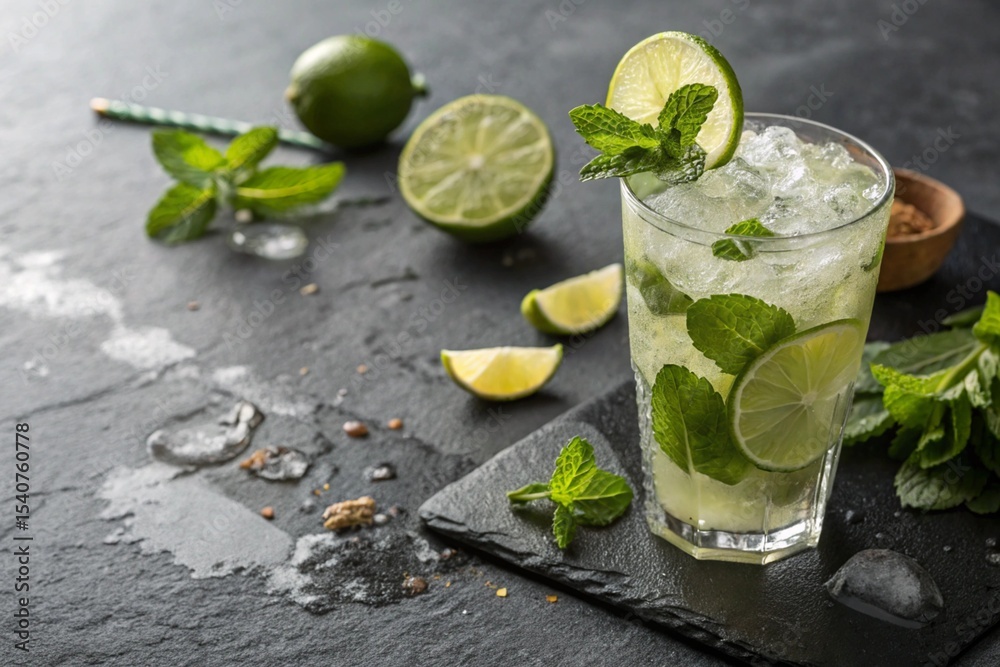 Fototapeta premium Mojito cocktail on a dark stone table. With space for your text.