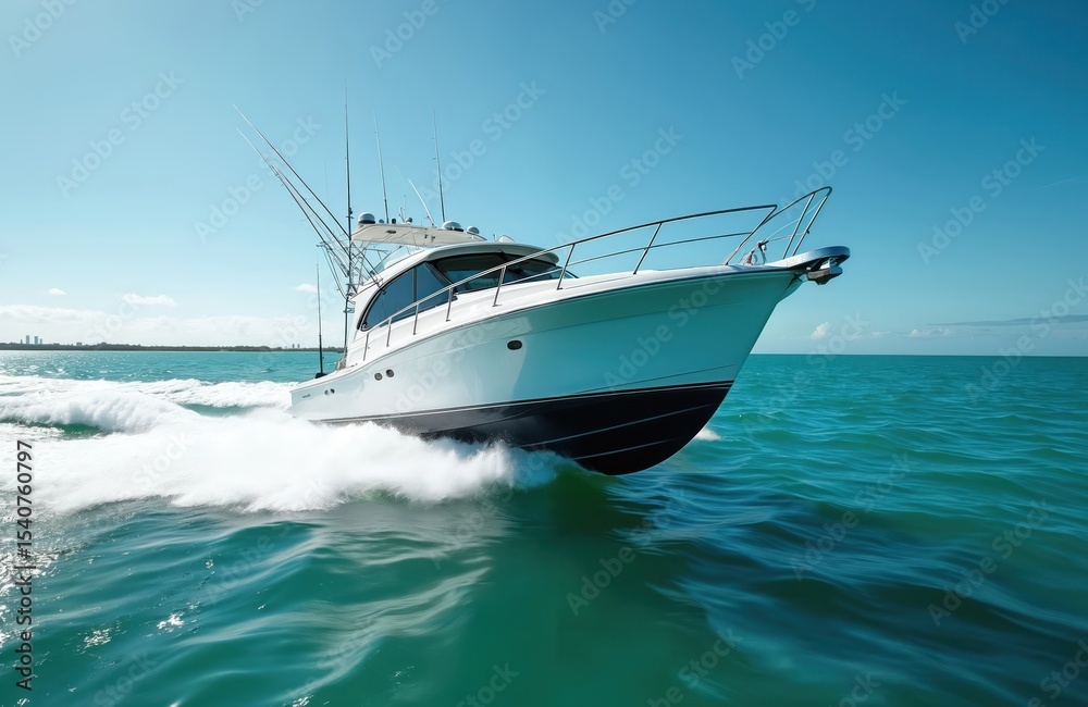 Fototapeta premium High-end sport fishing boat speeds across turquoise water. Luxury yacht, motor vessel at speed in the ocean. Miami, Florida, cruising under blue sky, marine background, nautical recreation.