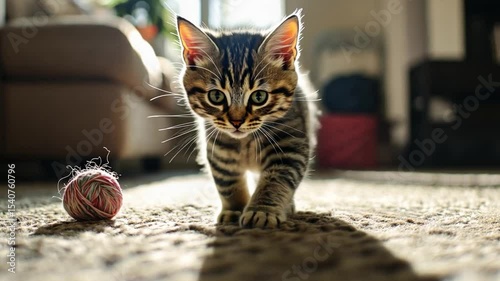 This footage showcases an adorable kitten exploring its playful environment. Ideal for pet promotion and heartwarming content. Capture the essence of feline curiosity. Generative AI