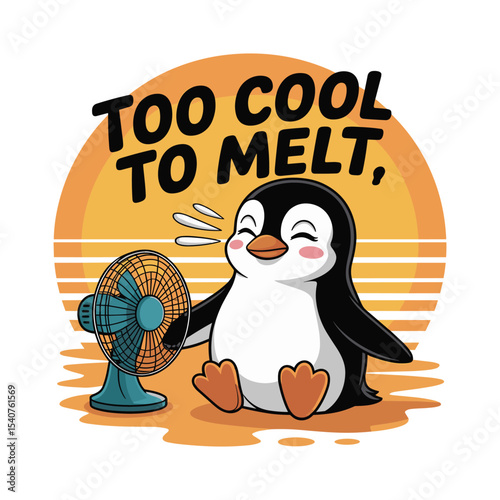 Cute penguin enjoying a cool breeze with a fan