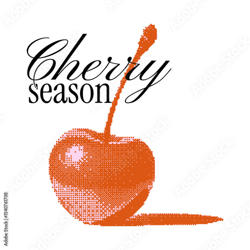 Minimalist Cherry Typography Text Print. Cute retro vector graphic with slogan. Summer modern halftone clipart with fruit. Fashion girly design for t-shirt, poster.