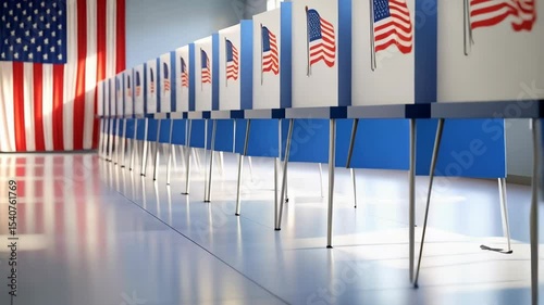 Row of voting booths with American flags for elections in a bright polling station room, promoting civic participation and election integrity.