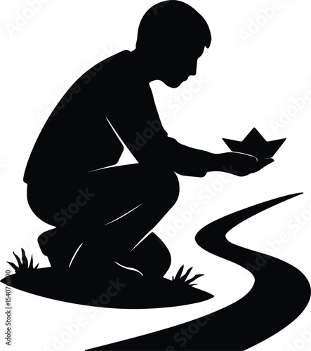 Silhouette child plays with a paper boat vector illustration