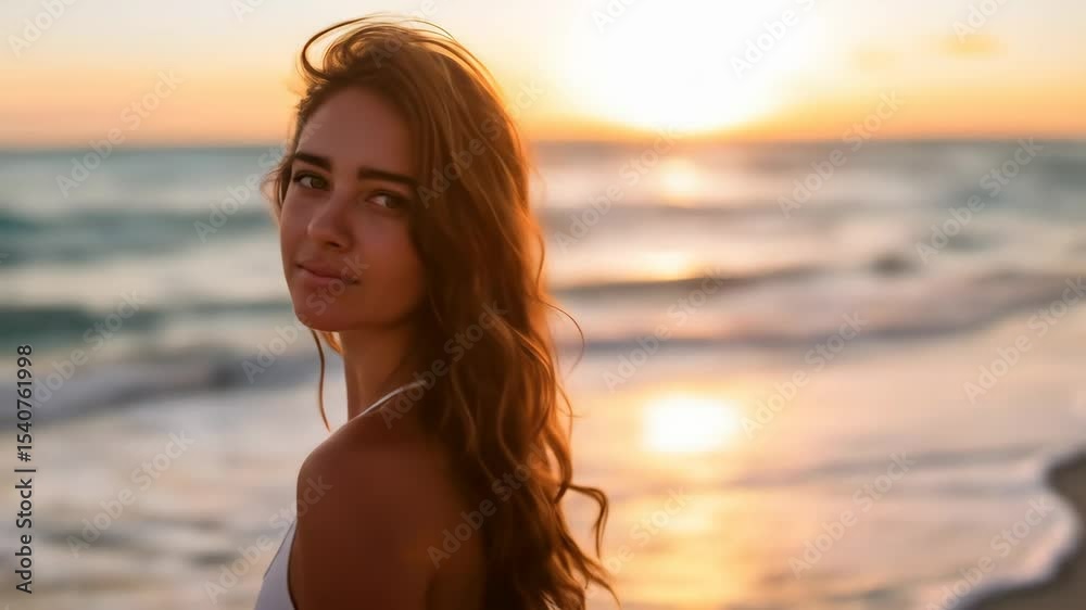 A beautiful young woman standing on a sandy beach at sunset looking at camera. Golden hour by the ocean, captivating portrait footage. A beautiful young woman standing on a sandy beach at sunset looking at camera. Golden hour by the ocean, captivating portrait footage.