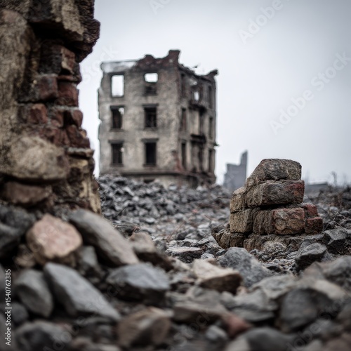 Panorama. The remains of a building with piles of gray concrete rubble and a detached ruined wall against a hazy sky. Background.