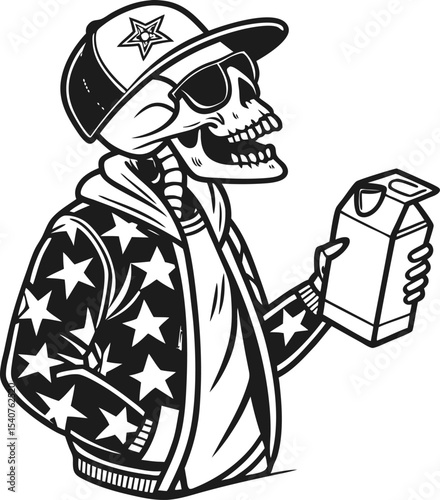 Bold Skeleton Vector Illustration – Black Design with Milk Carton and Star Jacket – Minimal Style on White Background