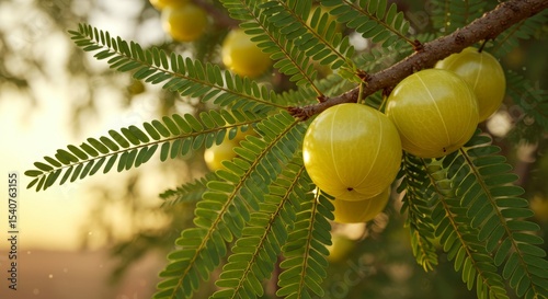 Golden Amla Fruits on Branch - Ripe amla fruits hanging from a tree branch, bathed in warm sunlight. Symbolizing health, nature, abundance, vitality, and renewal